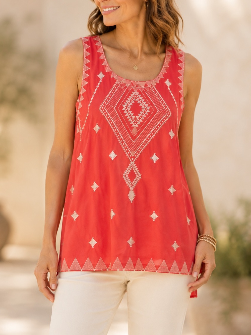 Sundance Sz M Coral Tunic Top Cream Southwestern Geometric Embroidery Boho
